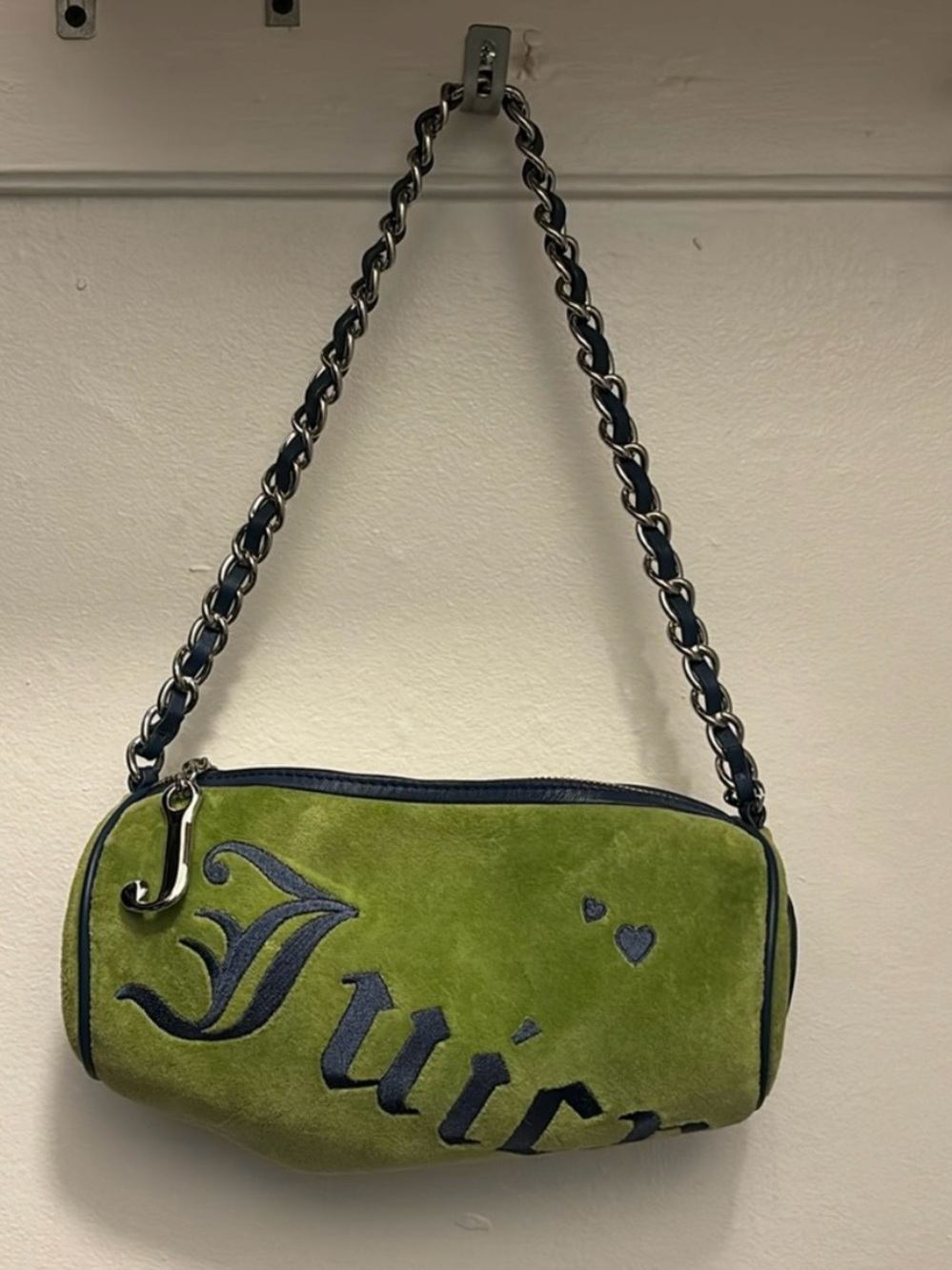 Juicy Couture Green Suede Shoulder Bag with Navy Trim